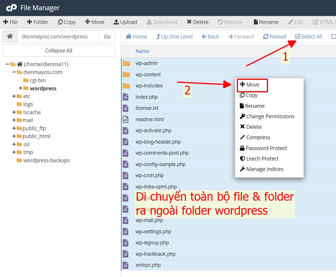 Di chuyển toàn bộ File và Folder ra ngoài wordpress
