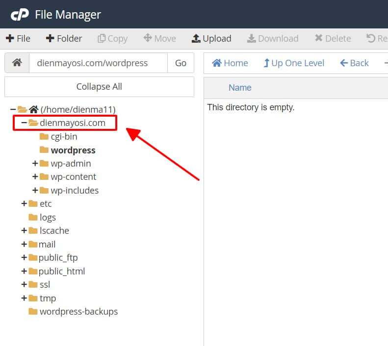Quay lại folder chính chứa mã nguồn wordpress