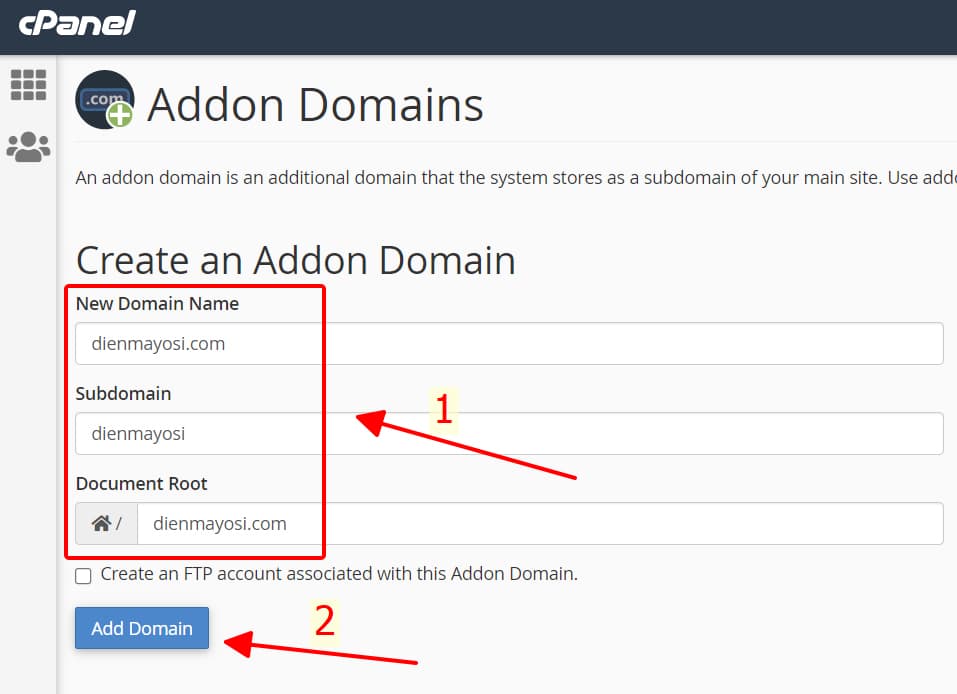 Nhập tên miền mới cần thêm vào hosting Hawk Host