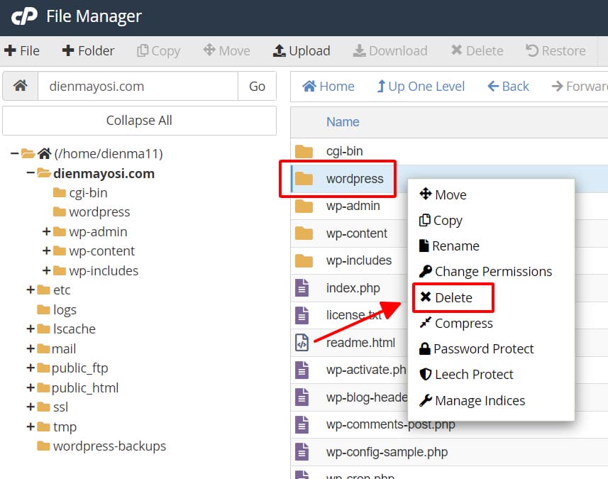 Xóa bỏ folder wordpress