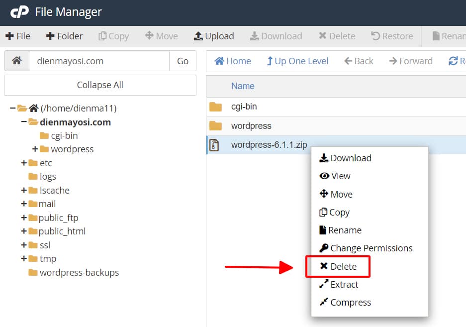 Xóa file zip wordpress-6.1.1.zip sau khi giải nén thành công