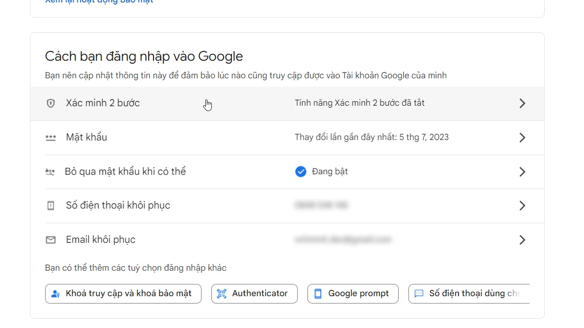 Bật tính năng Xác minh 2 bước
