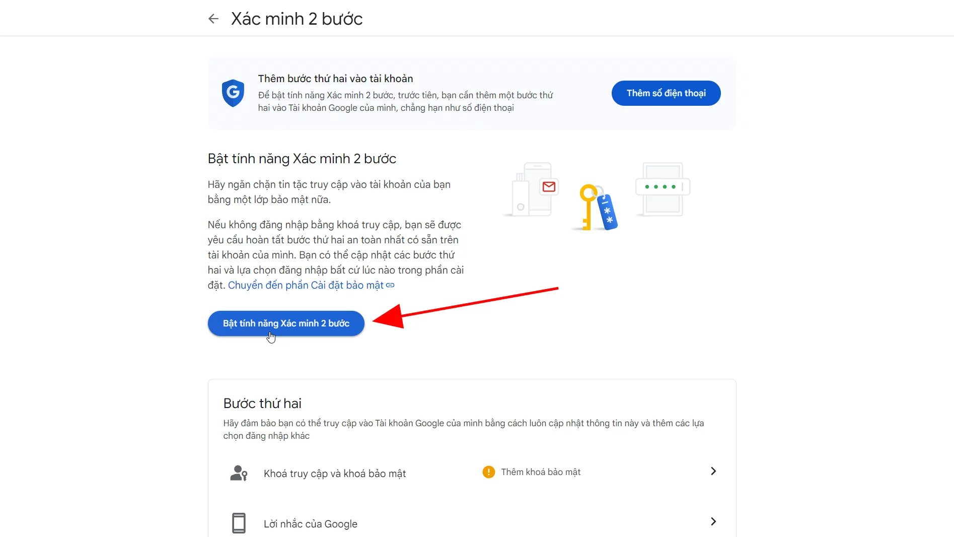 Bật tính năng Xác minh 2 bước