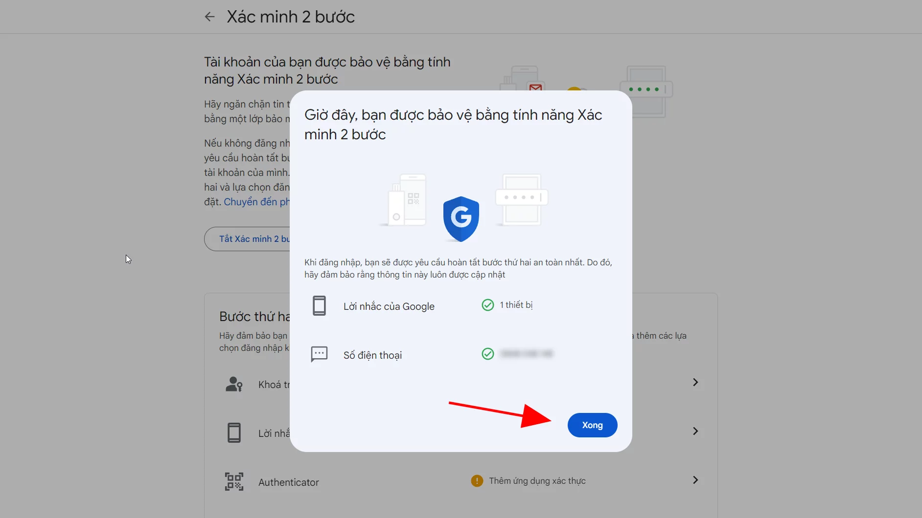 Bật tính năng Xác minh 2 bước thành công