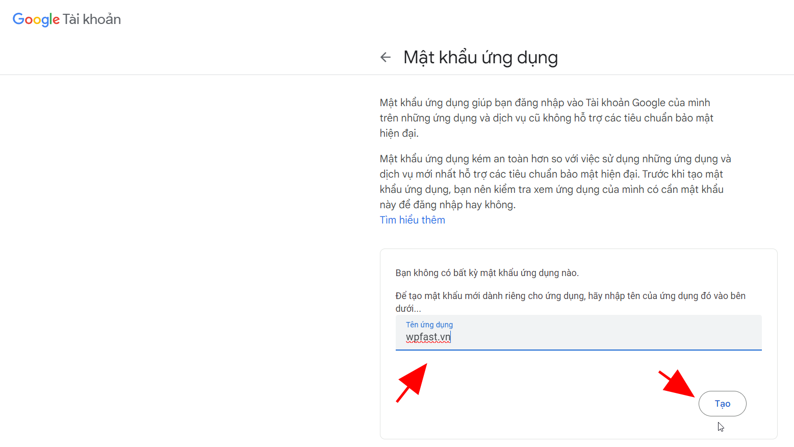 Tạo mật khẩu ứng dụng gmail